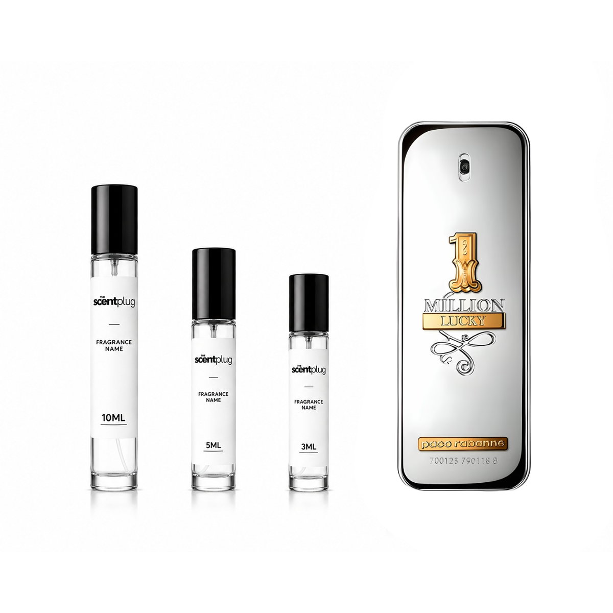 Sample decant of 1 Million Lucky by Rabanne, featuring the fragrance bottle with gold accents and distinctive design.