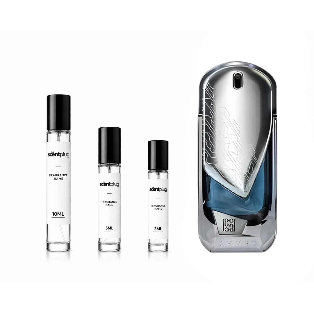 Sample of 2050 The Beyond Ahmed Al Maghribi perfume decant by The Scent Plug, showcasing the elegant bottle design.