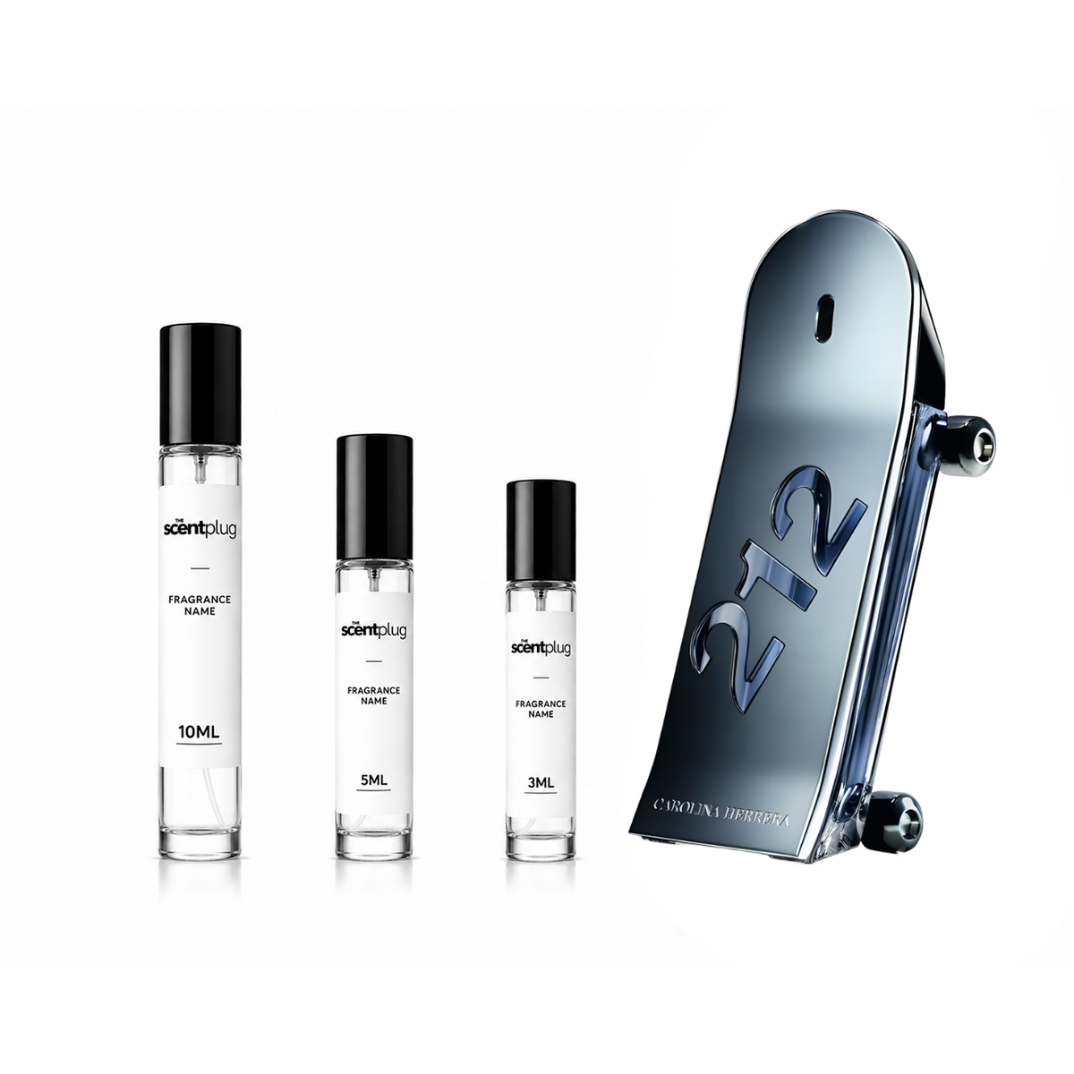 Decant of Carolina Herrera 212 Men Heroes Forever Young perfume sample showing the fragrance bottle and packaging.