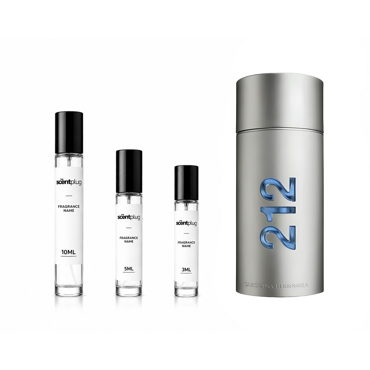 Sample of 212 Men Carolina Herrera fragrance by The Scent Plug, showcasing the sleek bottle design and branding.