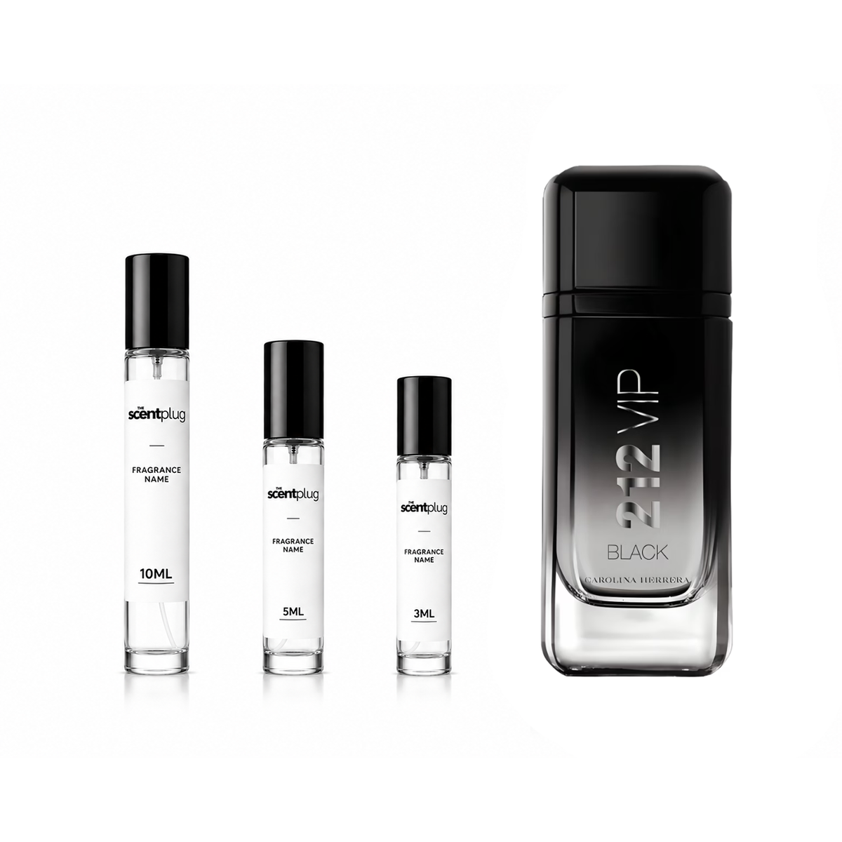 Sample of 212 VIP Black by Carolina Herrera decant, showcasing the perfume bottle with sleek black and gold design.