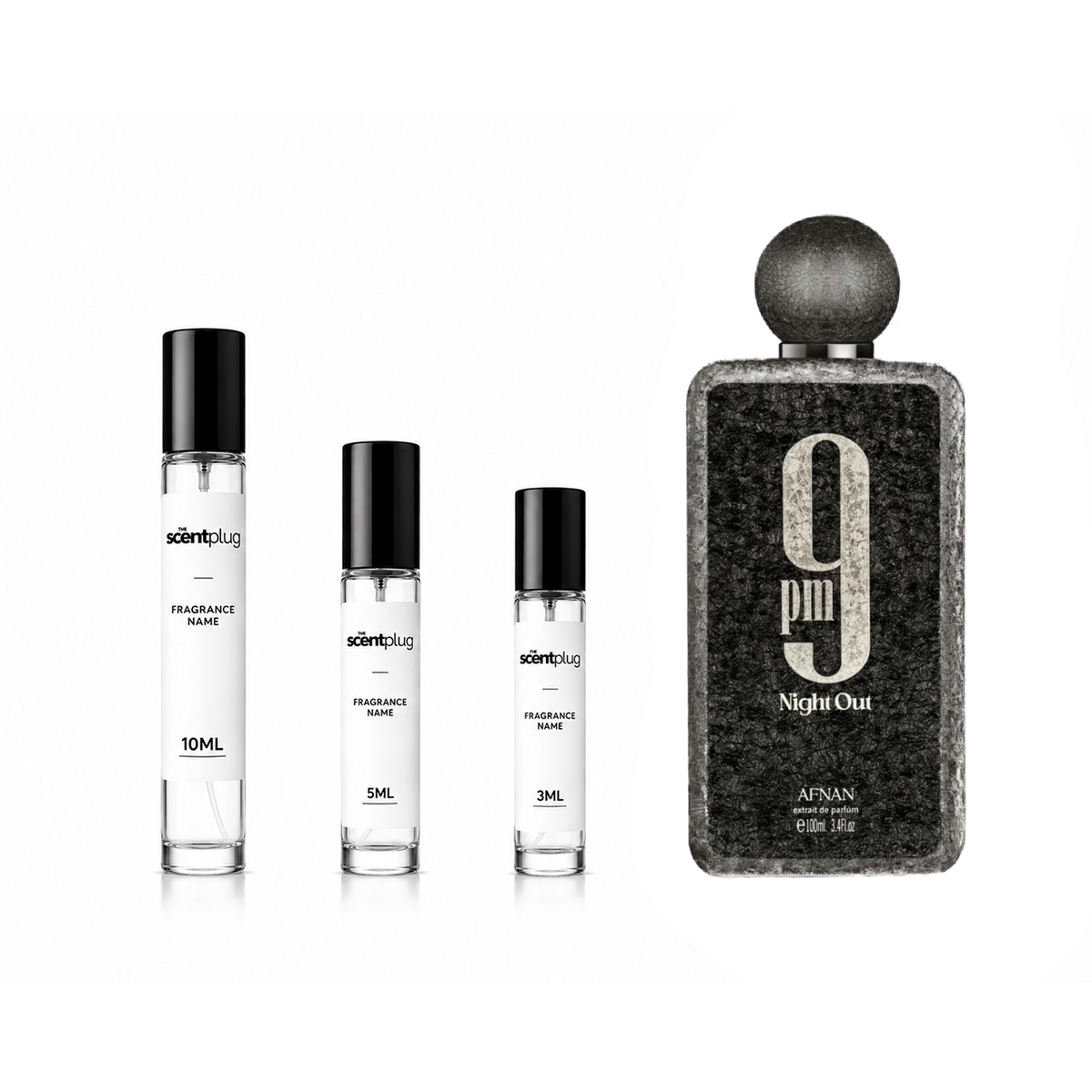 A sample bottle of 9 PM Night Out Afnan perfume by The Scent Plug, showcasing the elegant fragrance decant.