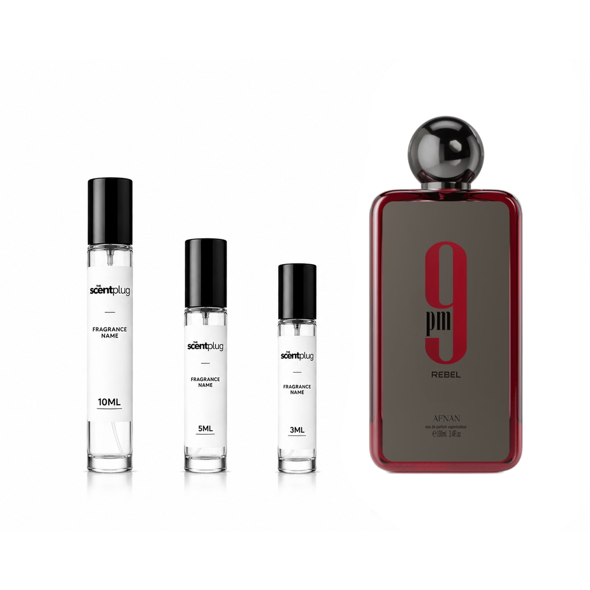 Sample of 9 PM Rebel Afnan perfume decant showing a clear vial with black cap and label, from The Scent Plug.