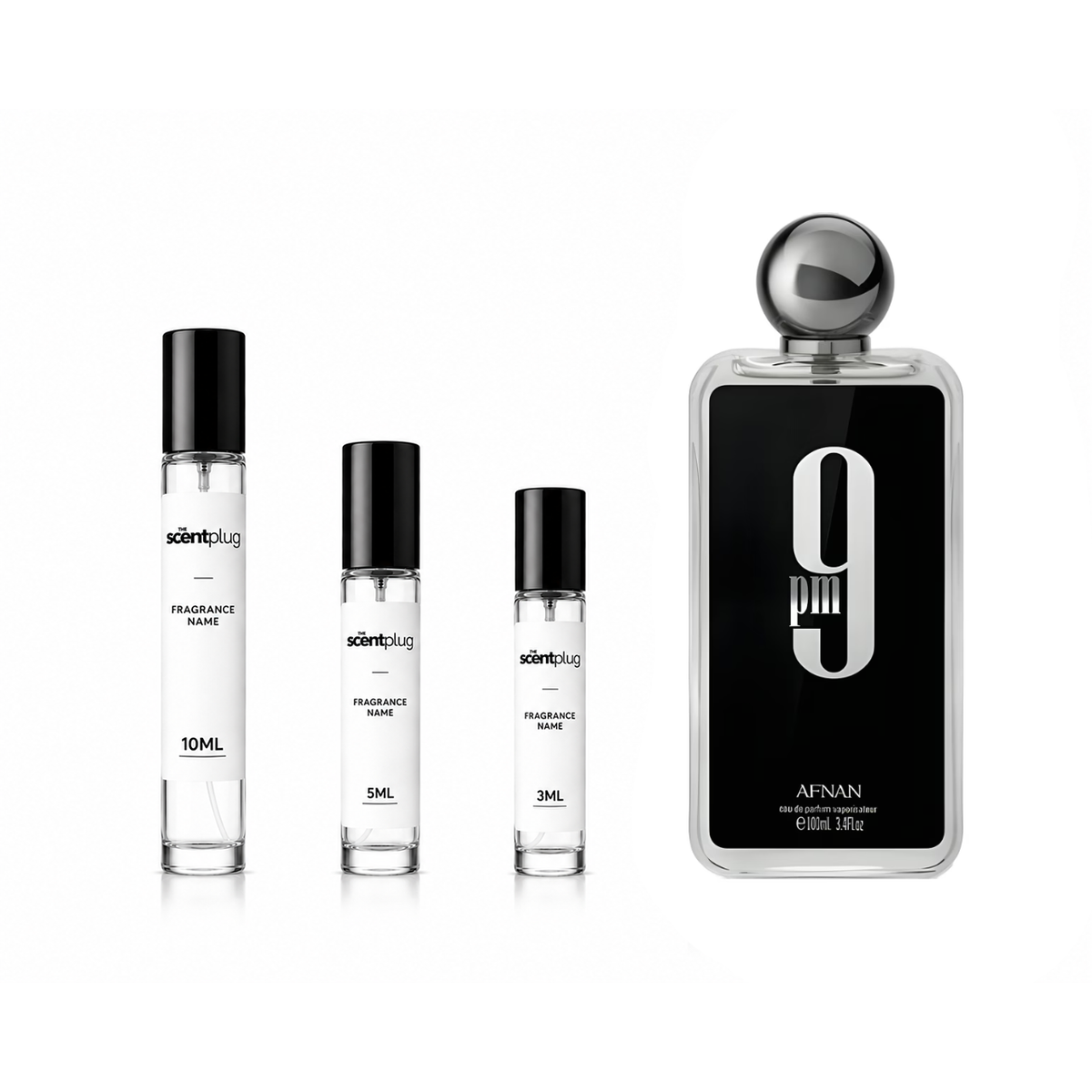 Sample of 9pm Afnan perfume decant from The Scent Plug, showing the clear glass bottle with black cap and white label.
