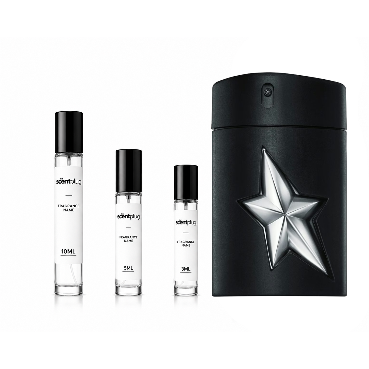 A Men Fantasm Mugler decant sample bottle from The Scent Plug, featuring a sleek design and label with fragrance details.