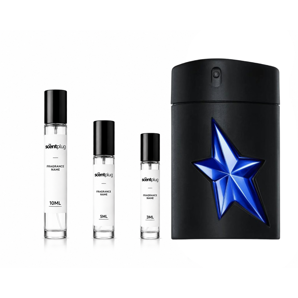 A*Men Stellar Mugler fragrance sample decant in a small clear vial with a black cap, displayed against a neutral background.