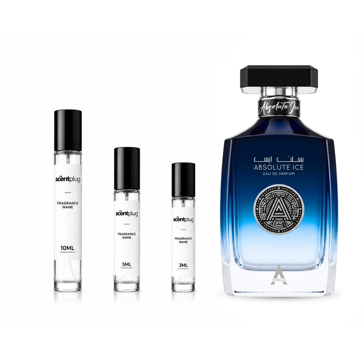 Absolute Ice Atralia Decant from The Scent Plug, featuring a sleek bottle with a clear liquid fragrance inside.