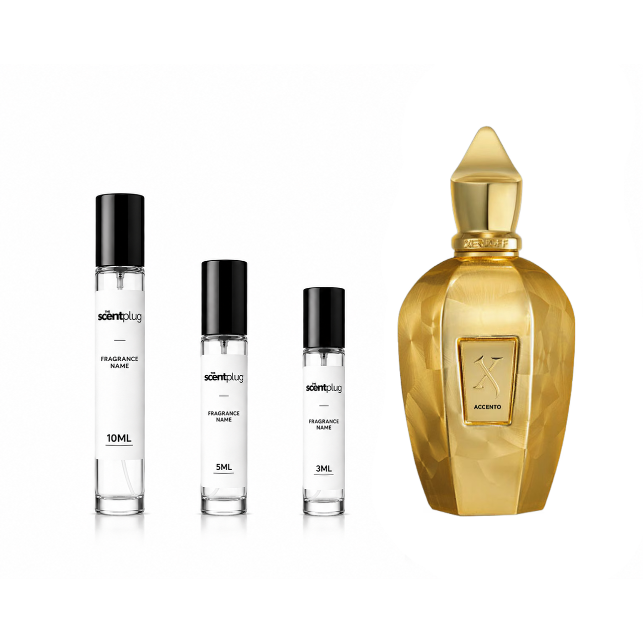 Accento Overdose Xerjoff perfume sample decant by The Scent Plug, showcasing the small vial with label and cap.