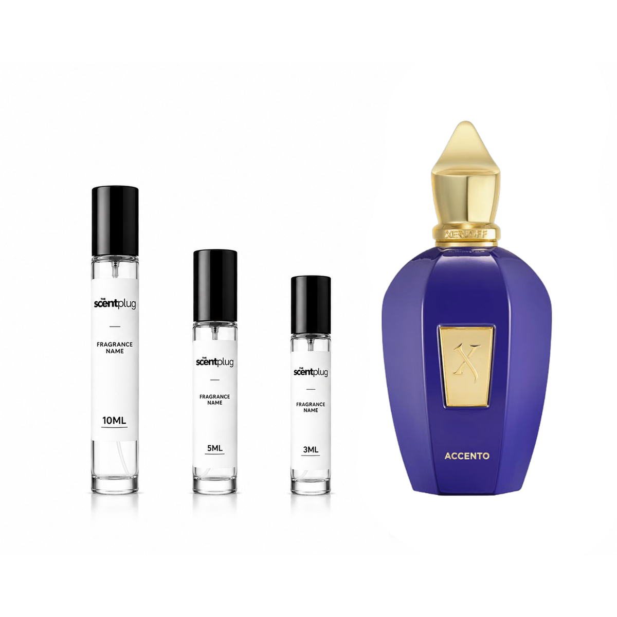 Accento Xerjoff fragrance sample decant by The Scent Plug, showcasing the elegant perfume bottle and branding.