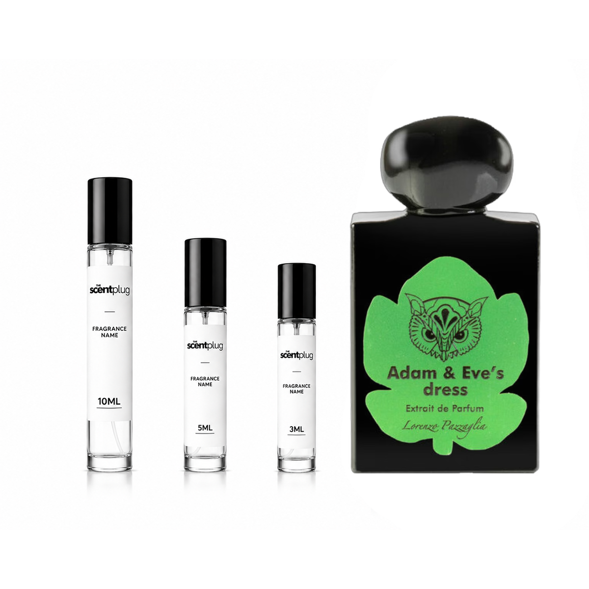 Sample of Adam & Eve's Dress Lorenzo Pazzaglia Decant fragrance bottle by The Scent Plug, featuring elegant packaging and branding.