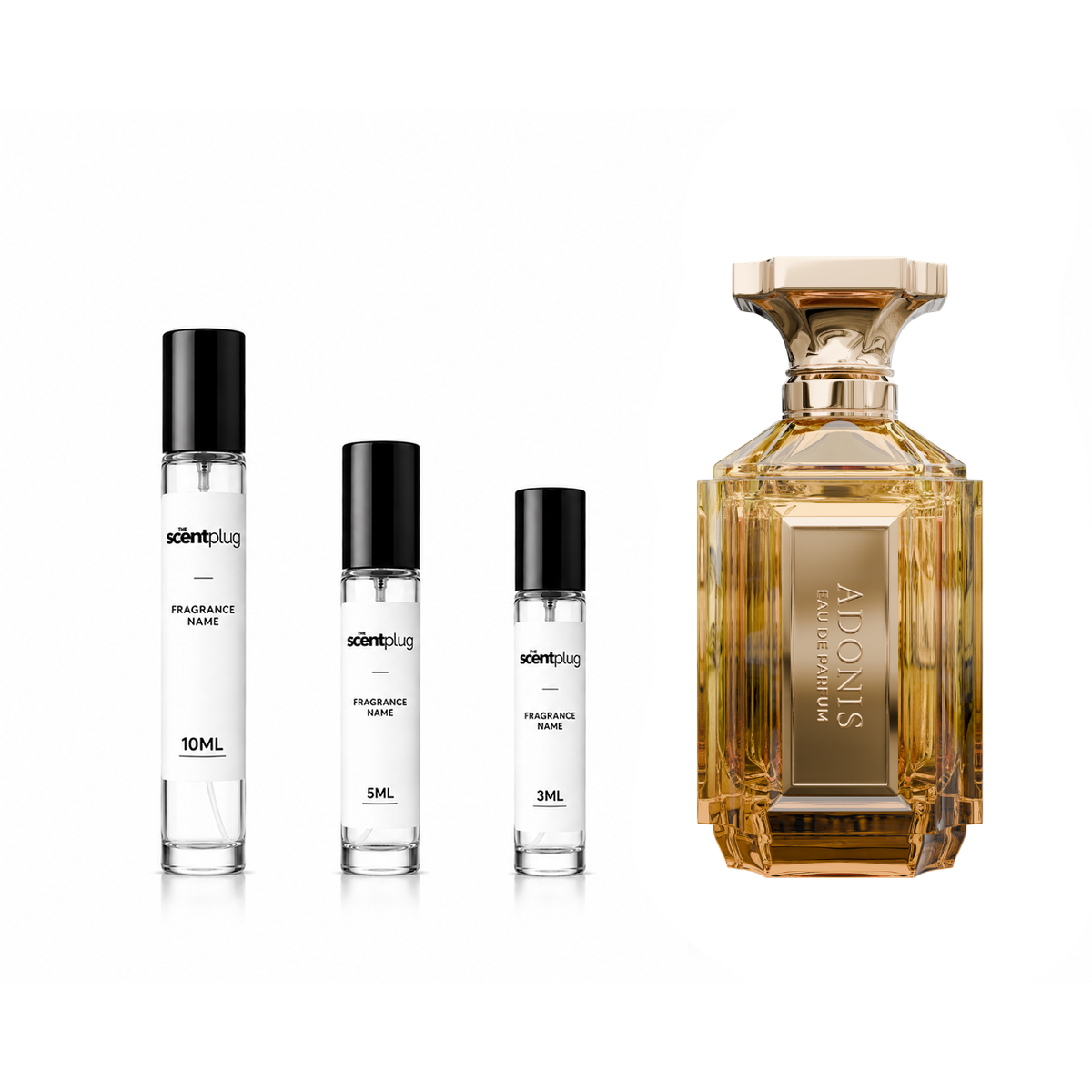 Sample of Adonis Velixir by The Scent Plug, showcasing the decant bottle with a sleek design and label.