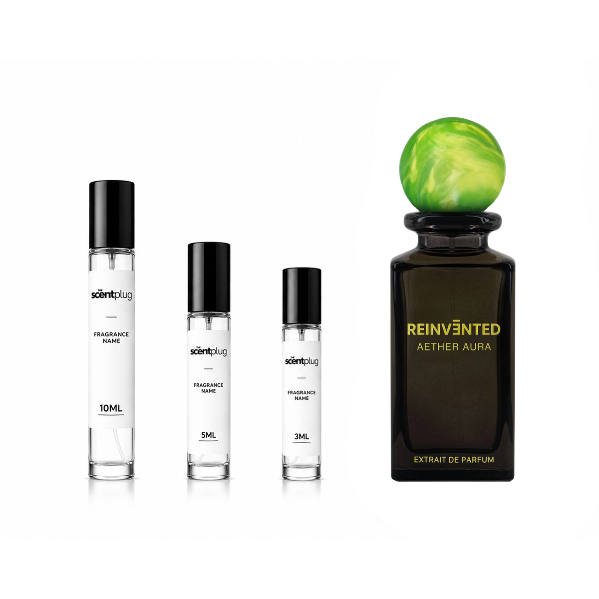 Aether Aura Reinvented decant sample bottle from The Scent Plug, showcasing the elegant packaging and branding design.