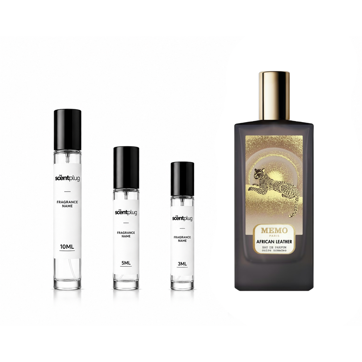 African Leather Memo Paris sample by The Scent Plug, showcasing a luxurious leather fragrance in a small decant bottle.