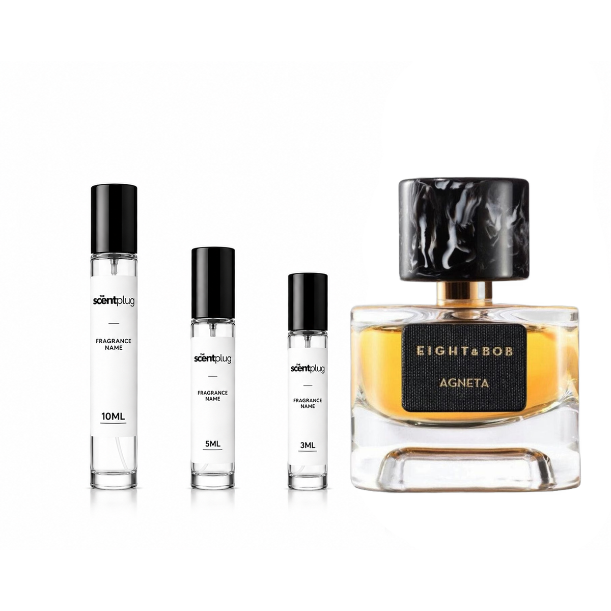 Agneta EIGHT & BOB decant bottle from The Scent Plug, showcasing a sleek, clear sample container for fragrance testing.