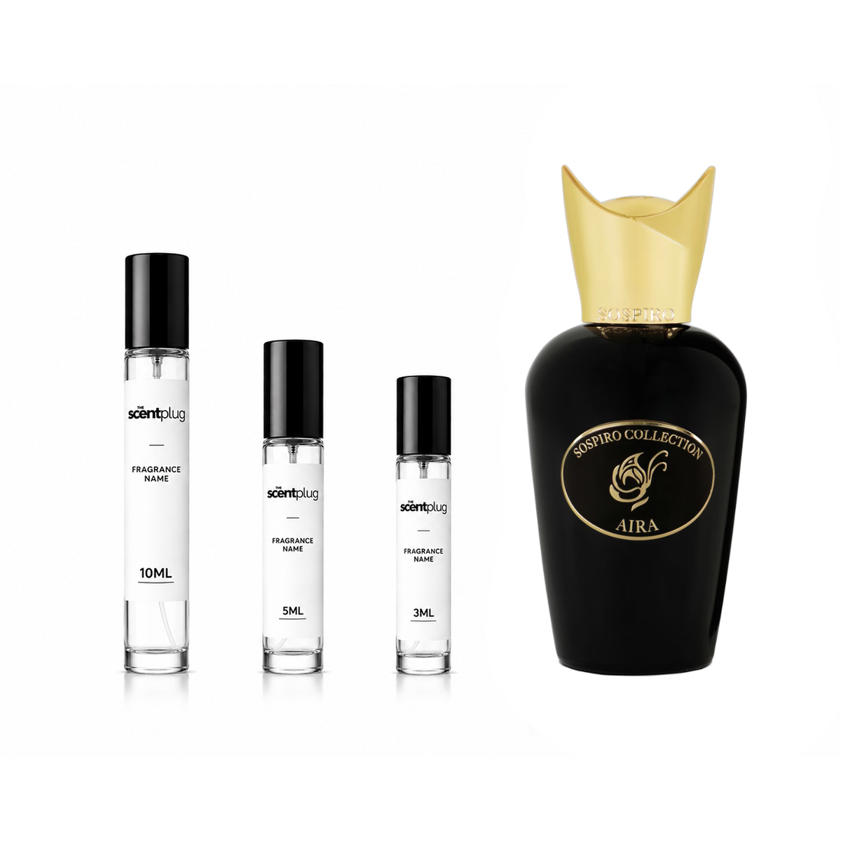Aira Sospiro perfume decant sample from The Scent Plug, showcasing a clear glass vial with a black cap and white label.