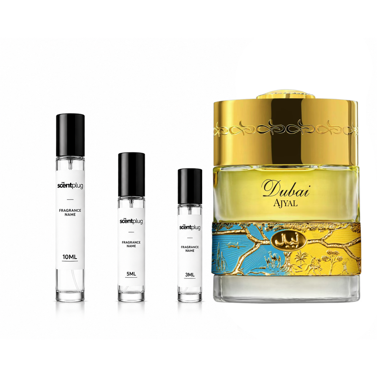Sample of Ajyal The Spirit of Dubai decant by The Scent Plug, showcasing the perfume bottle with Dubai-inspired design.