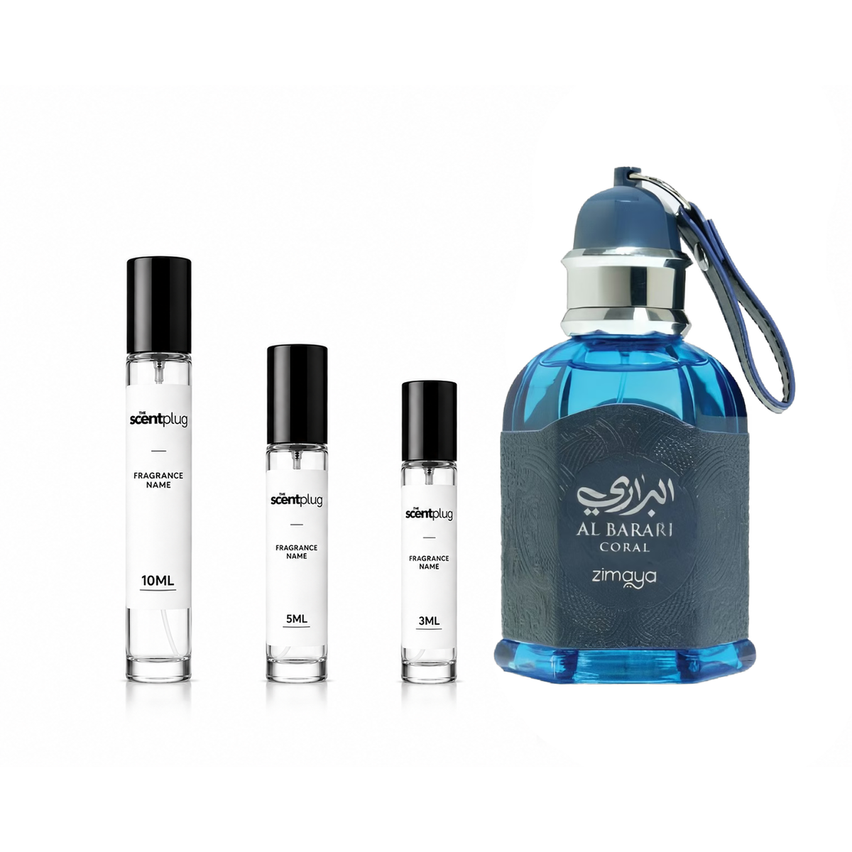 Al Barari Coral Zimaya decant sample bottle from The Scent Plug, showcasing elegant packaging and liquid fragrance inside.