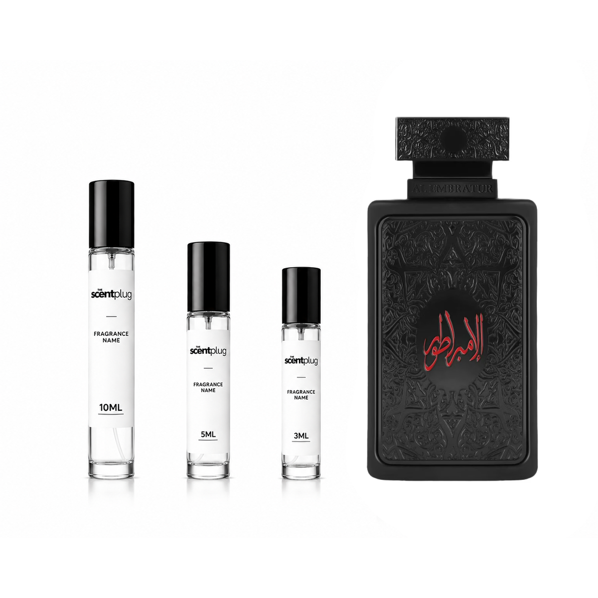 Sample of Al Embratur Absolu Zimaya perfume decant by The Scent Plug, showing the small clear glass bottle with a black cap.