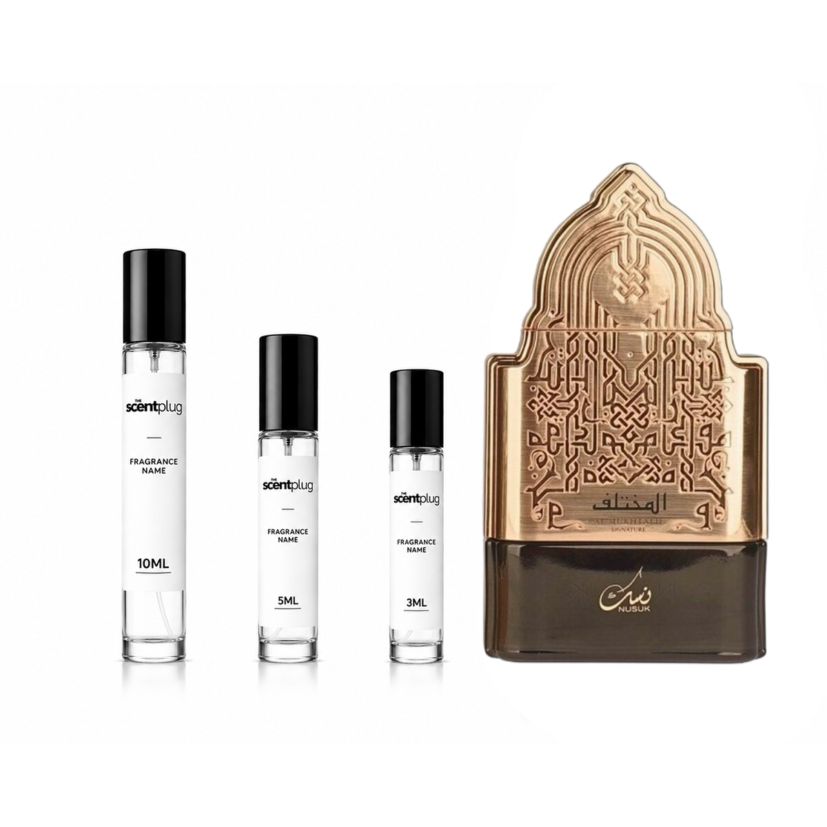 Al Mukhtalif Signature Nusuk decant sample by The Scent Plug, showcasing the perfume bottle with elegant design and branding.