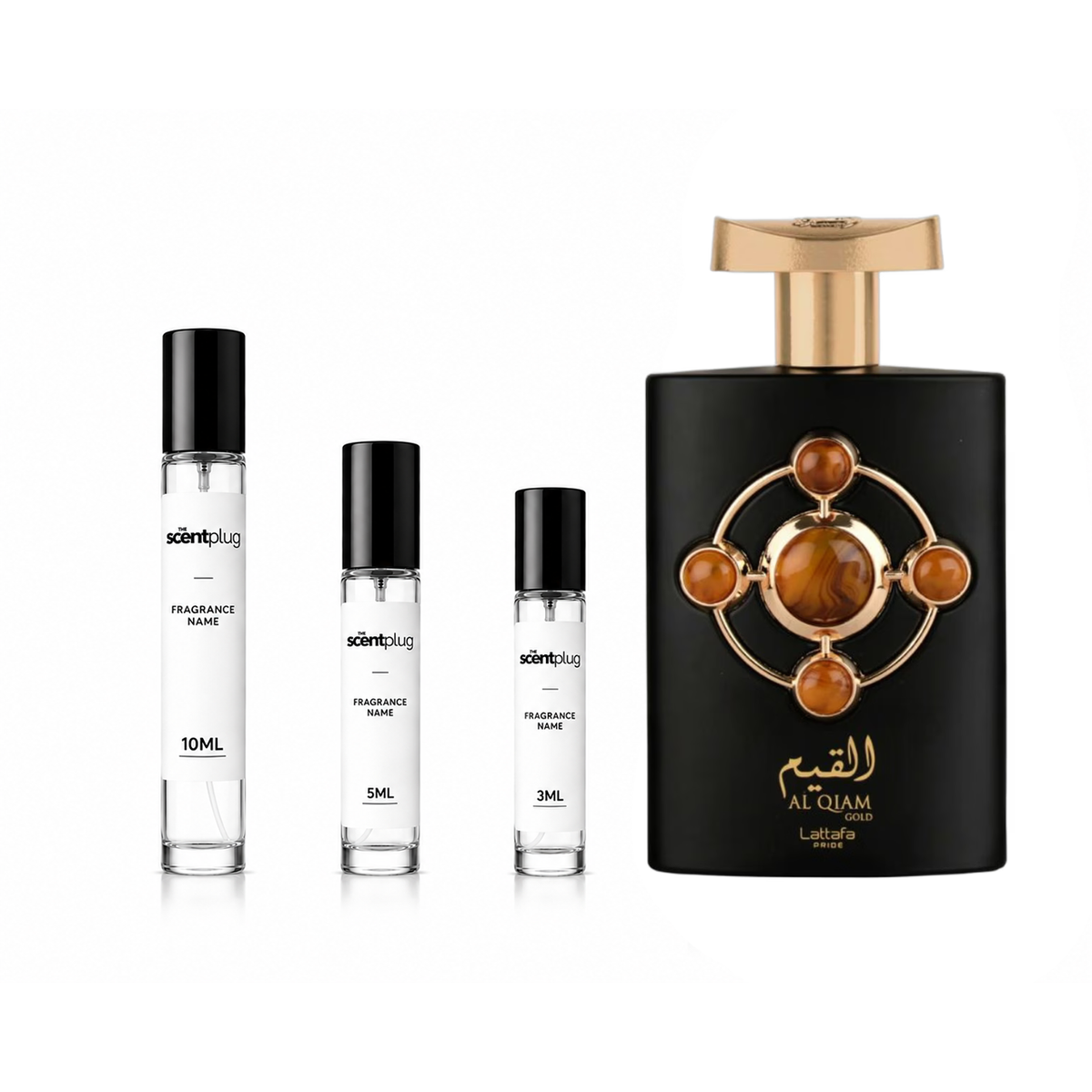 Al Qiam Gold Lattafa Perfumes decant sample by The Scent Plug, showcasing the small fragrance bottle with gold accents.