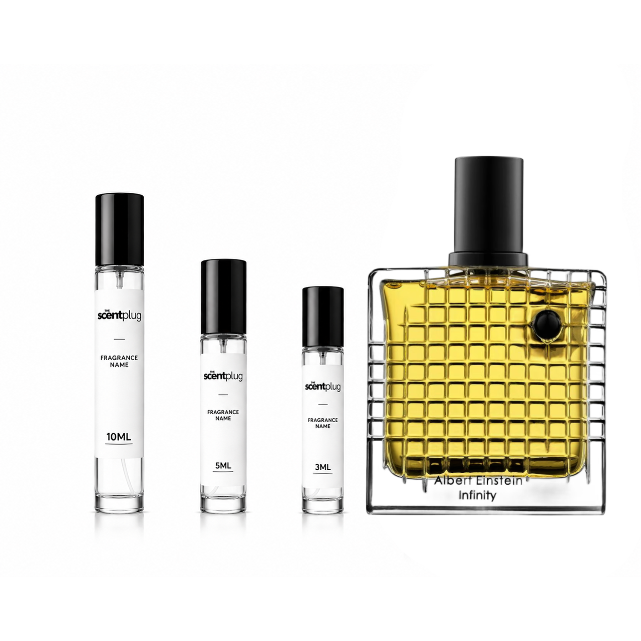 Decant bottle featuring Albert Einstein infinity symbol design, by The Scent Plug, for fragrance sampling and gifting.