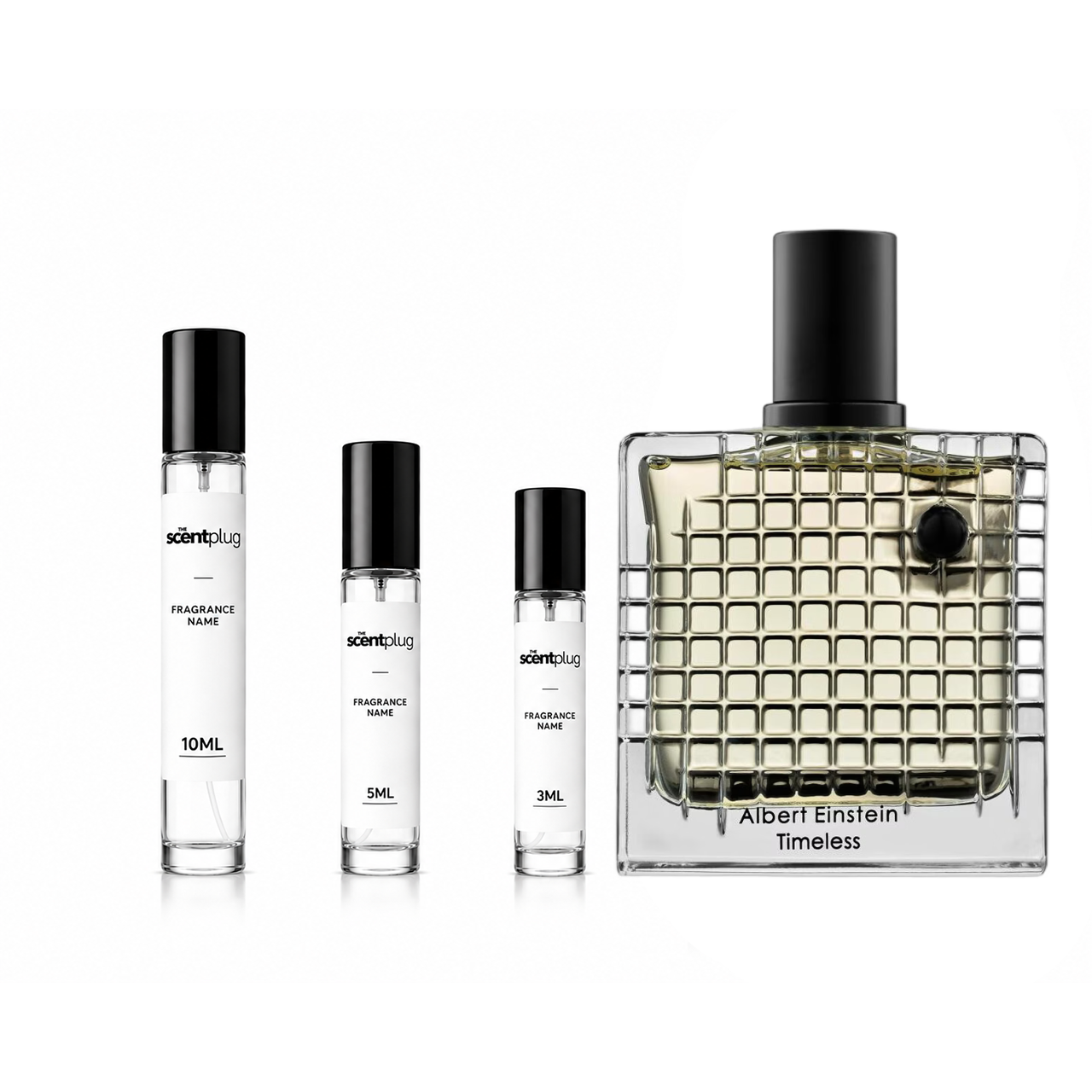 Sample of The Scent Plug Albert Einstein Timeless Atralia Decant, showcasing the elegant bottle design for the fragrance.