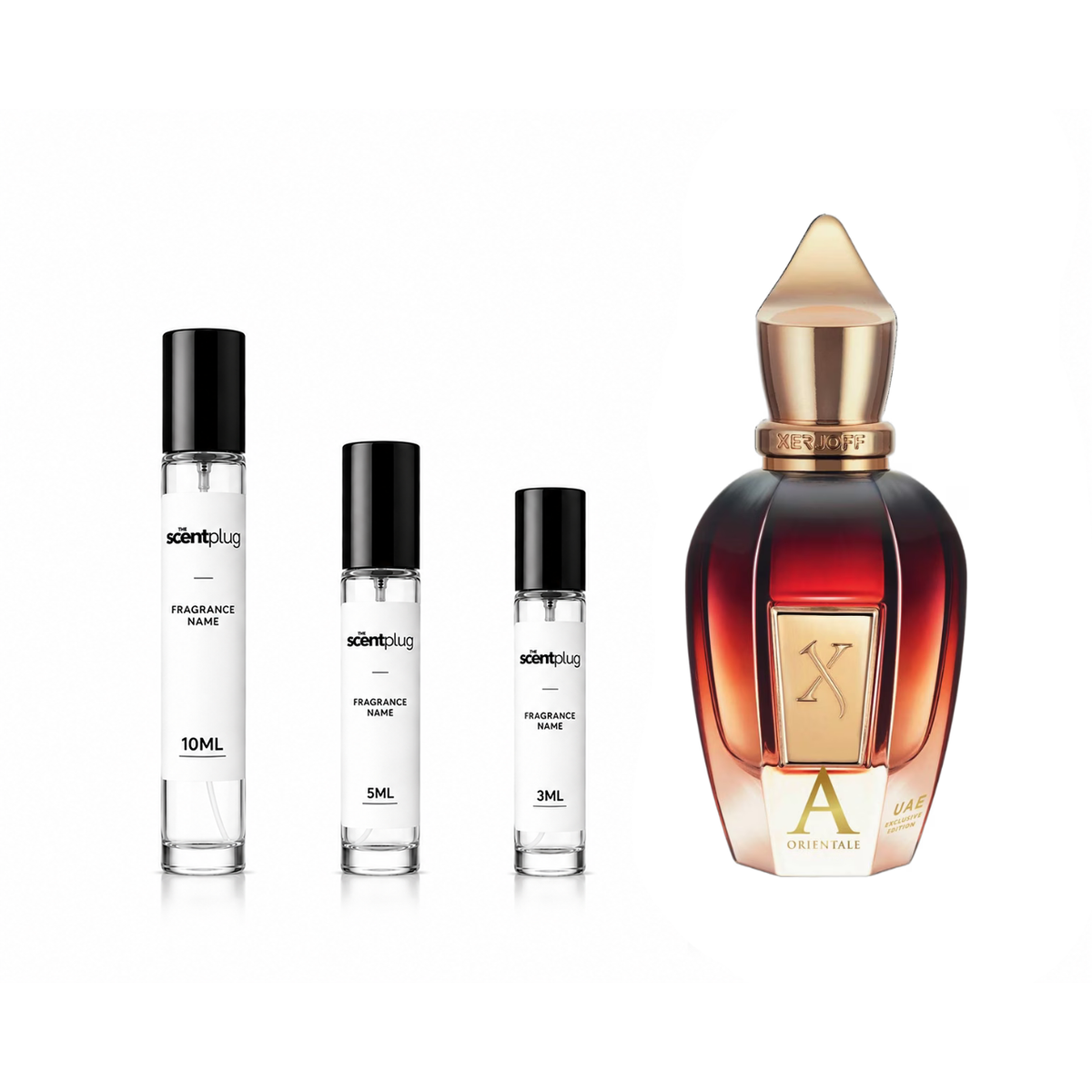Alexandria Orientale Xerjoff perfume sample decant in a clear glass vial with a black cap, showcasing the fragrance label.