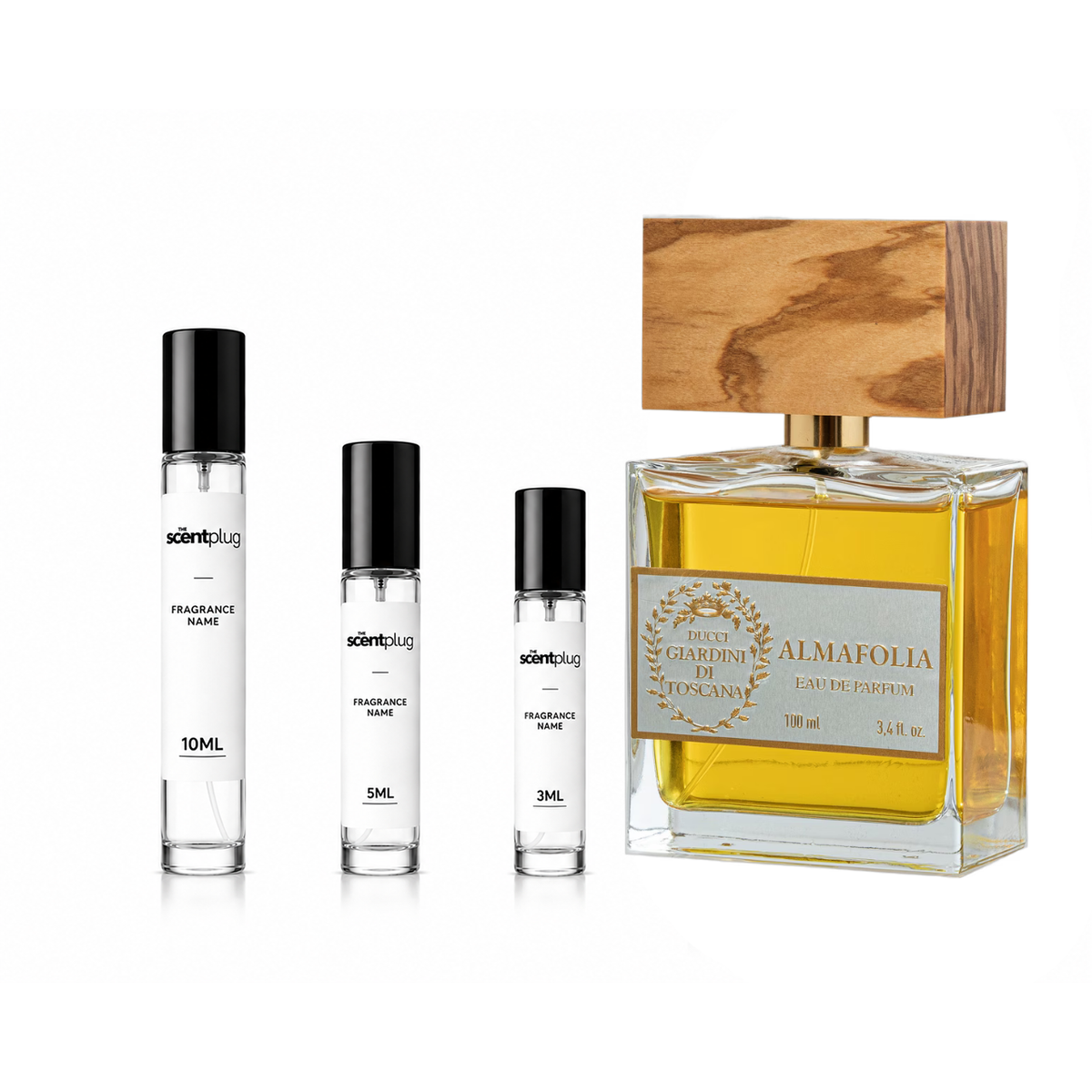 Almafolia Giardini Di Toscana Decant sample bottle by The Scent Plug, showcasing the elegant packaging and product label.
