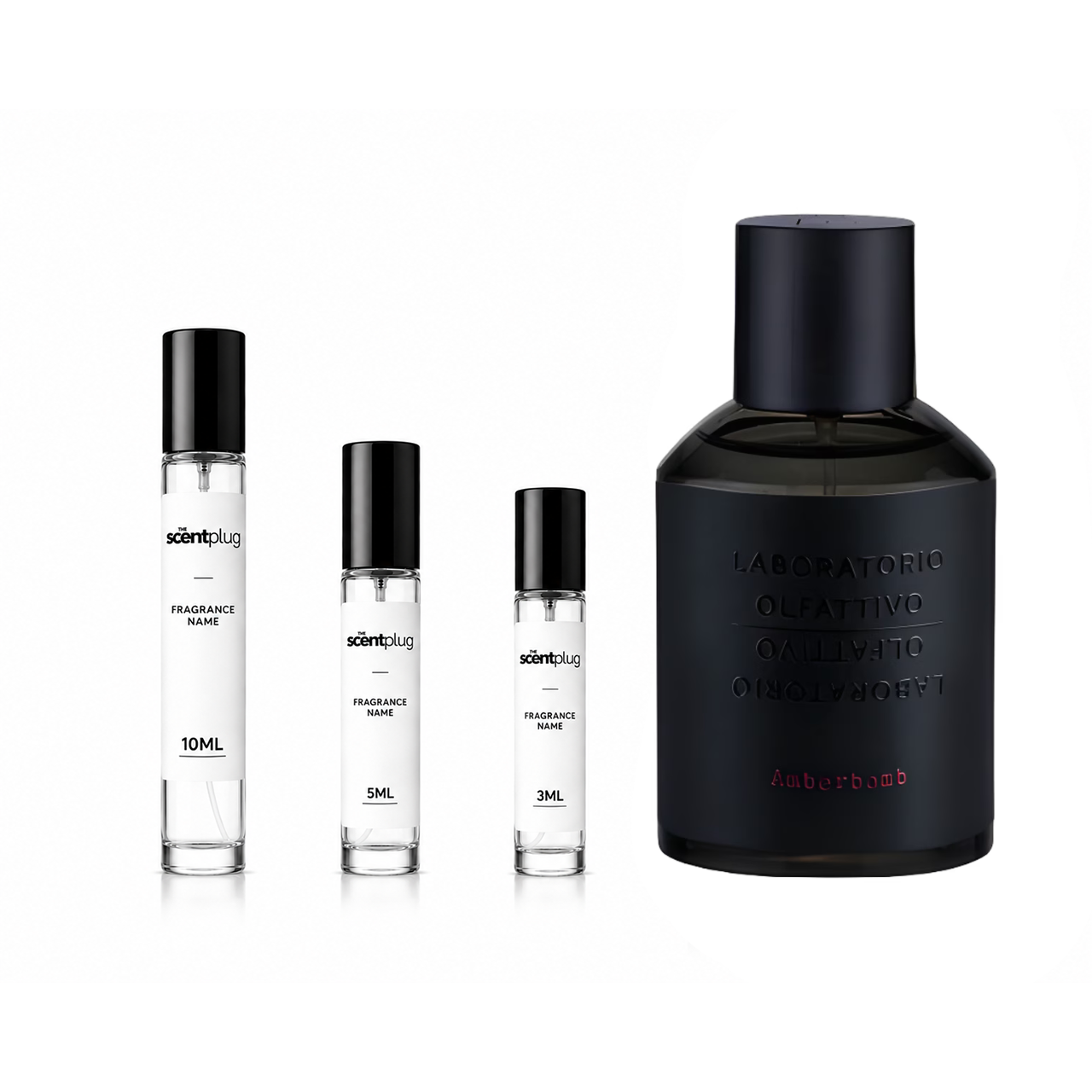 Amberbomb Laboratorio Olfattivo decant sample by The Scent Plug, showcasing a small amber-colored perfume bottle with branding.