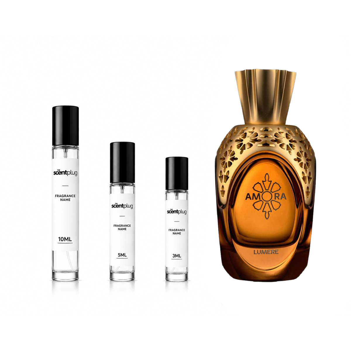 Amora Lumiere Atralia decant sample from The Scent Plug, featuring a clear glass bottle with elegant branding and a silver cap.