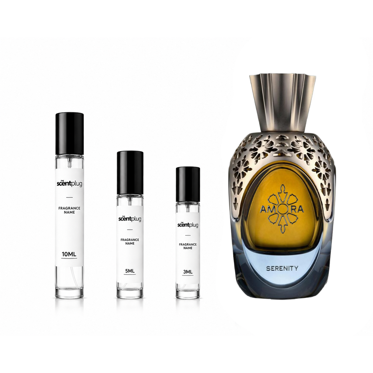 Amora Serenity Atralia Decant from The Scent Plug, showcasing a sleek fragrance bottle with a modern design.