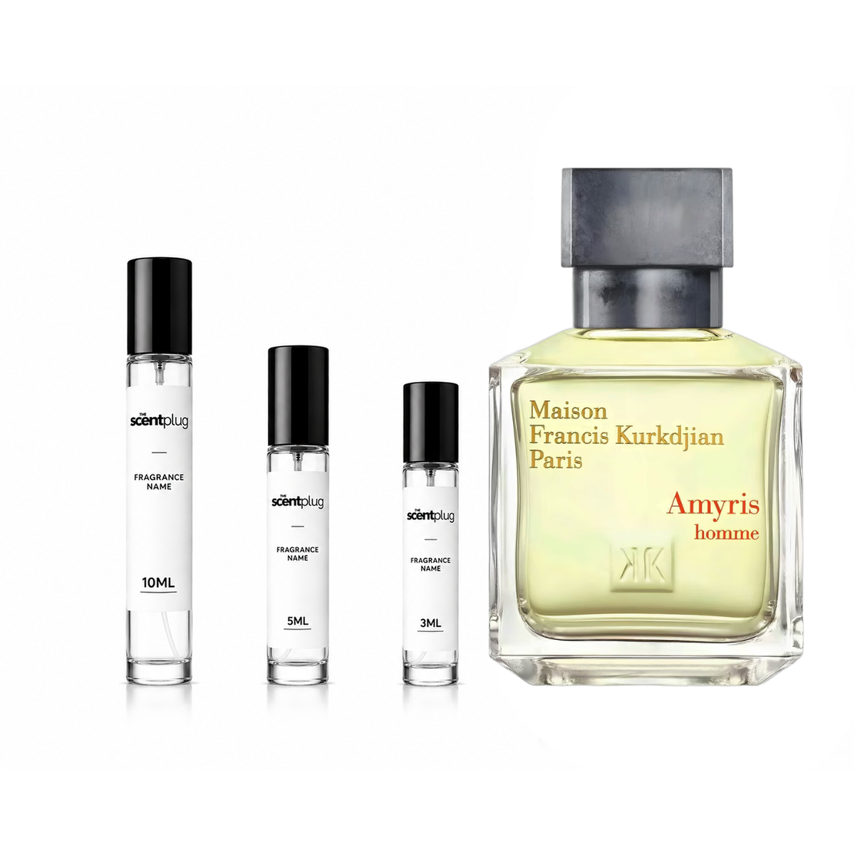 Amyris Homme by Maison Francis Kurkdjian perfume decant sample in a clear glass vial with a black cap.