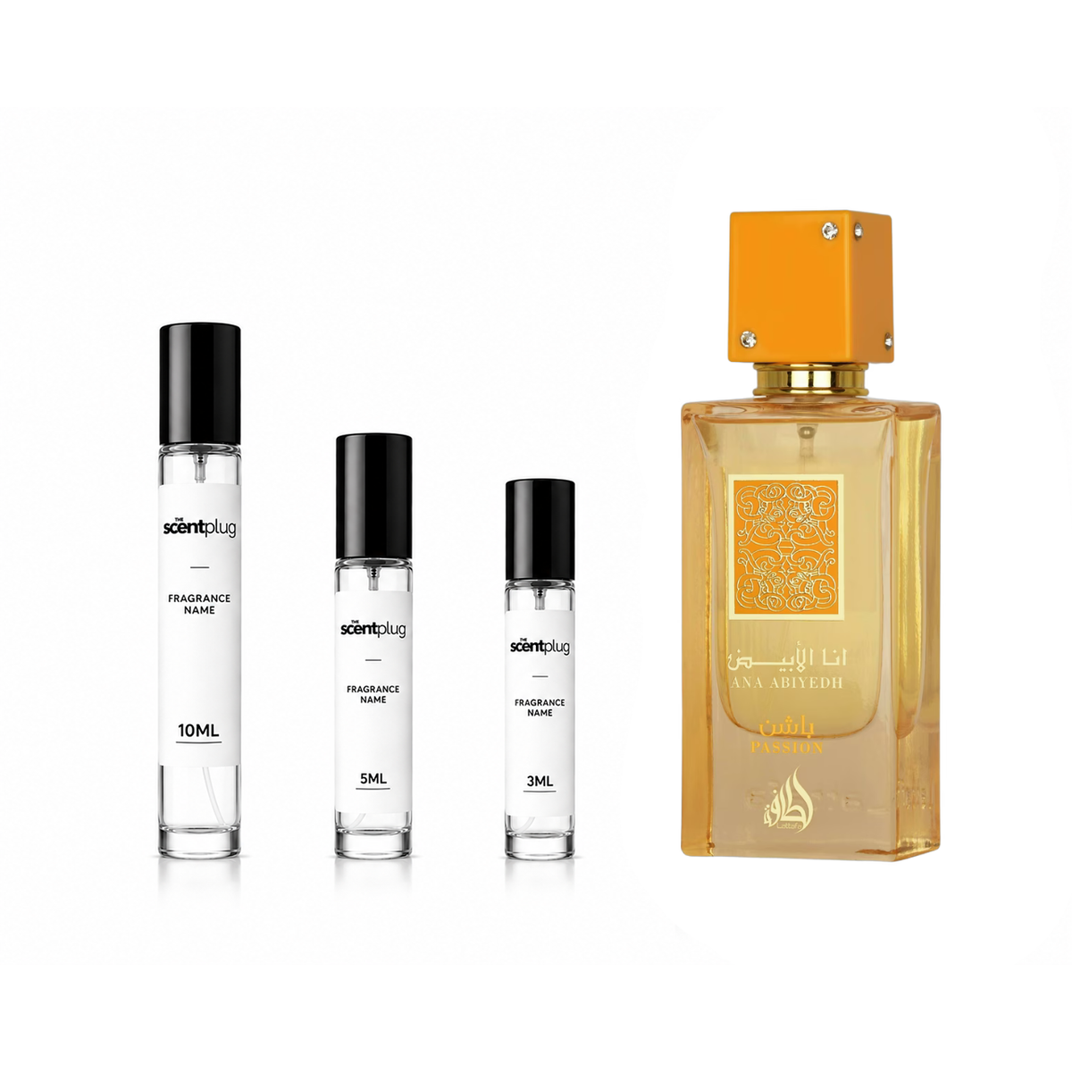 Decant sample of Ana Abiyedh Passion Lattafa Perfumes by The Scent Plug, featuring a sleek bottle with a floral and spicy fragrance.