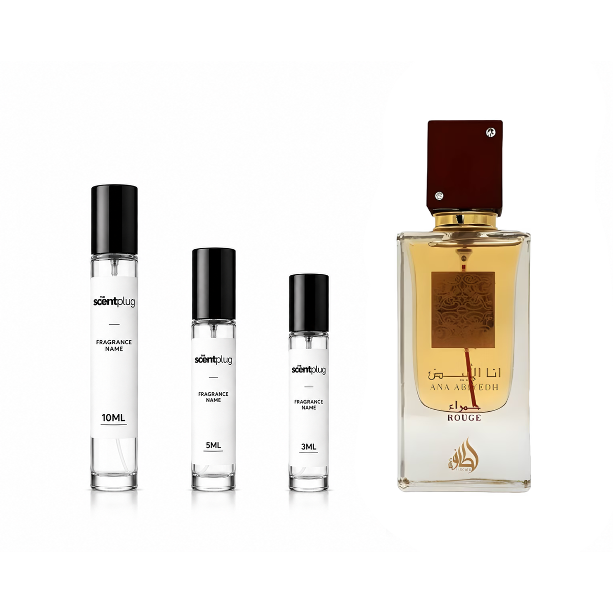 Decant sample of Ana Abiyedh Rouge by Lattafa Perfumes, in a small, clear container showing the fragrance's rich amber color.
