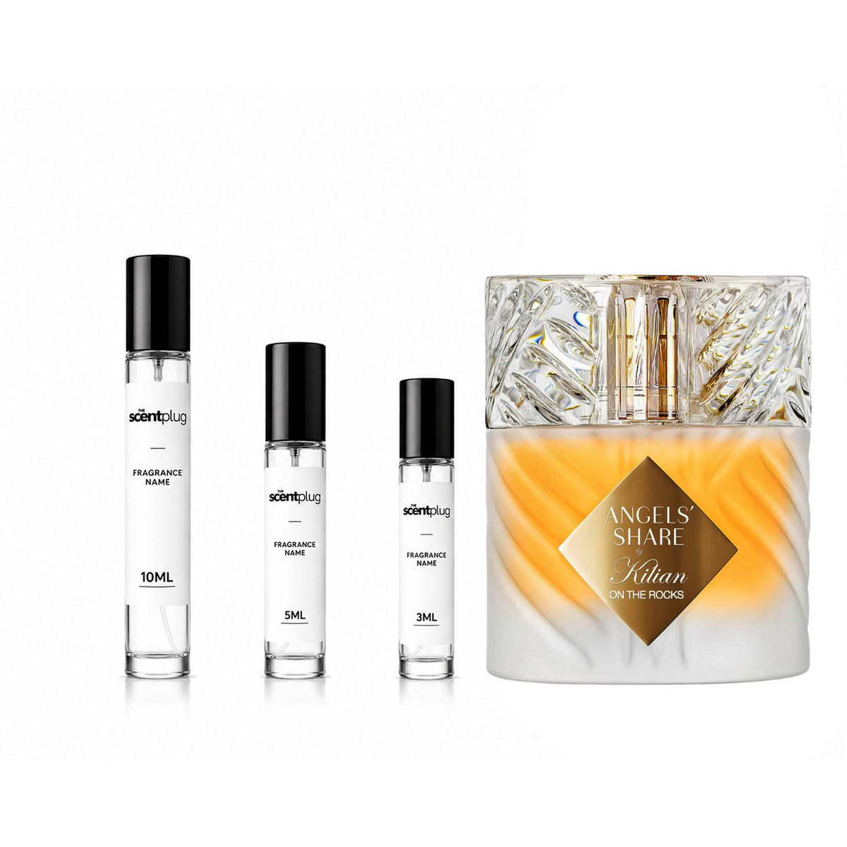 Angel's Share On The Rocks by Kilian decant sample in a clear bottle, showcasing the luxurious fragrance from The Scent Plug.