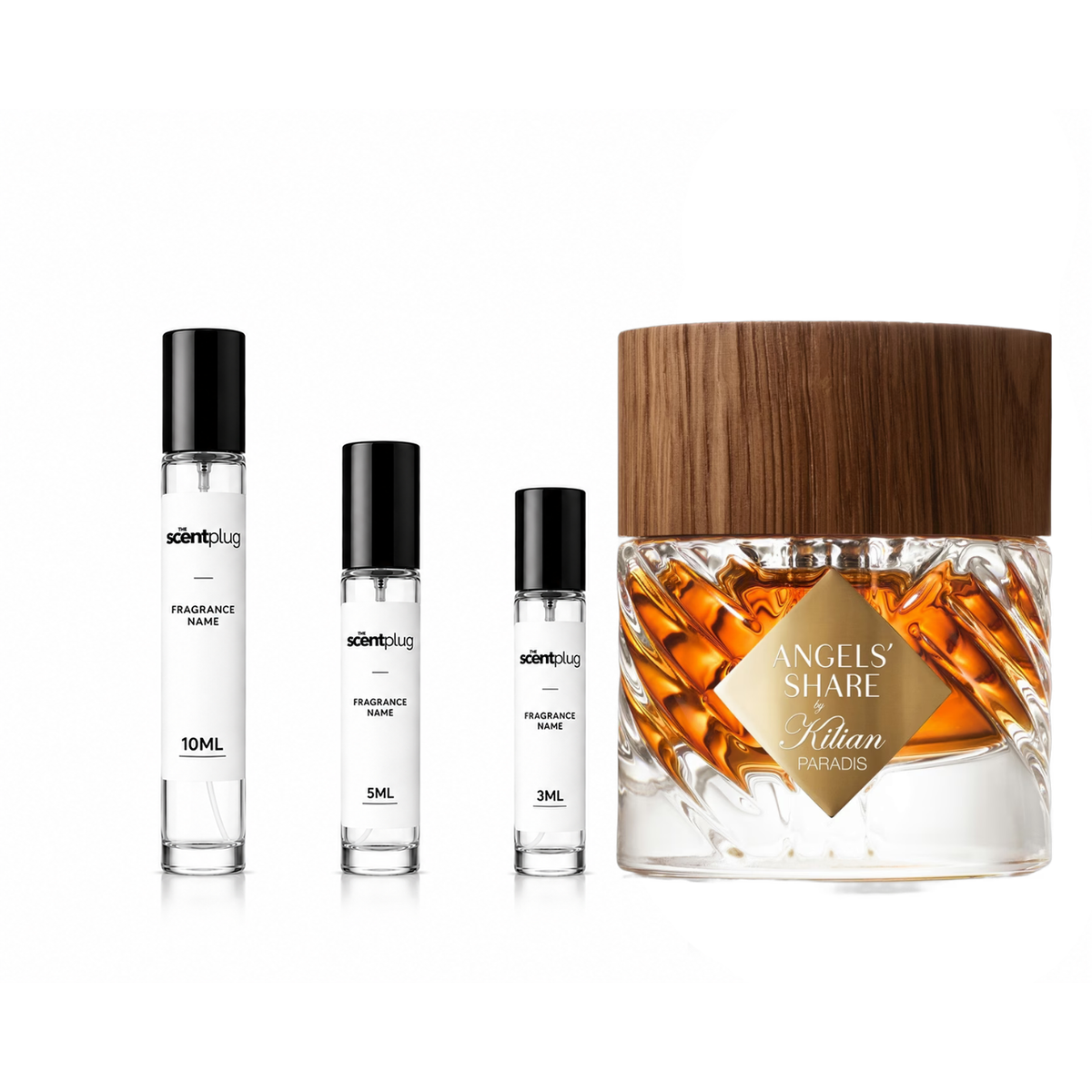 Sample of Angels' Share Paradis by Kilian perfume decant showing the bottle and packaging for The Scent Plug.