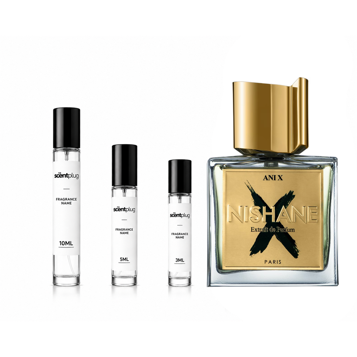 Ani X Nishane decant sample by The Scent Plug, showcasing a small perfume bottle with elegant packaging and branding.