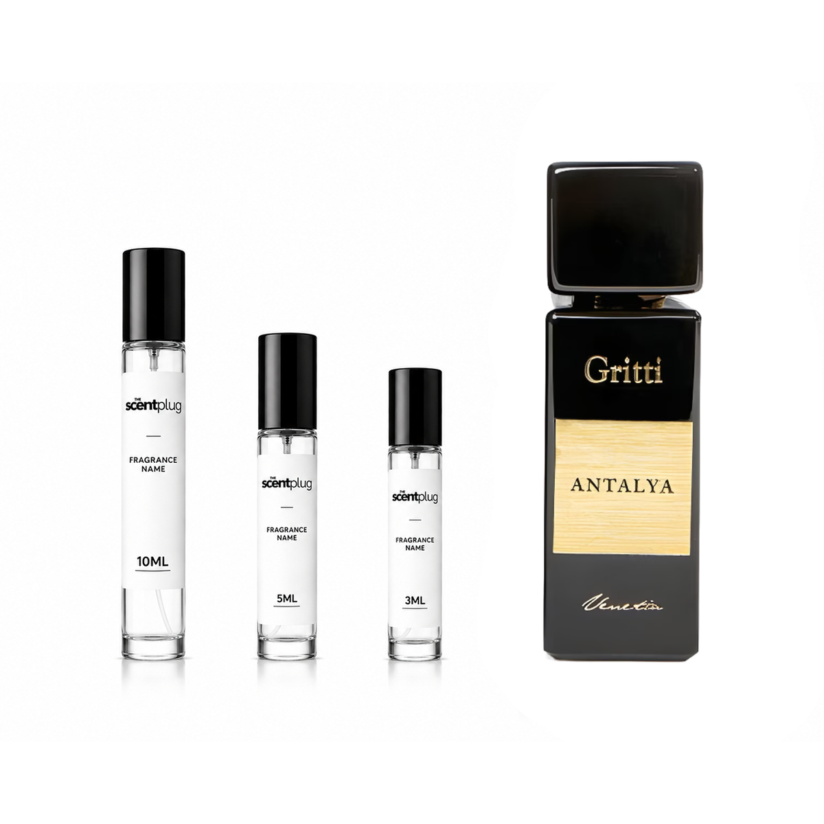 Antalya Gritti Decant from The Scent Plug, showcasing the sample bottle with elegant design and label for perfume storage.