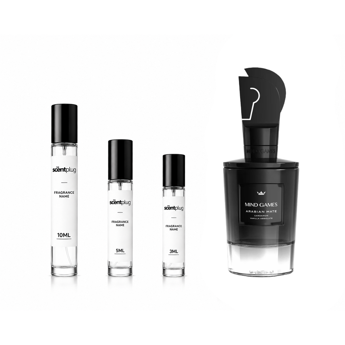 Arabian Mate Mind Games Decant by The Scent Plug, showcasing a sample bottle of Arabian Mate fragrance with decorative packaging.
