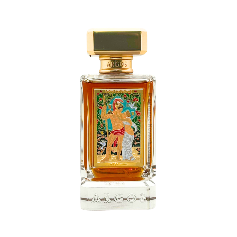 Argos Love Triumphs Over War Eau de Parfum bottle with elegant design and floral accents, showcasing the Argos fragrance.