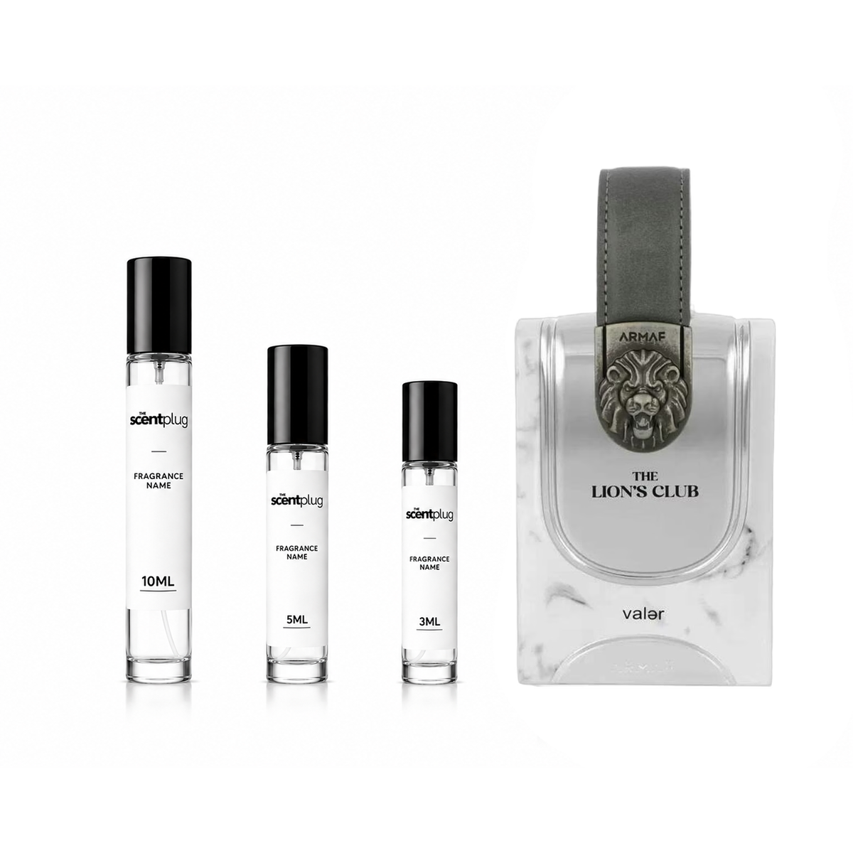 Armaf Lions Club Valer decant sample by The Scent Plug, showcasing the fragrance bottle with a sleek design and label.