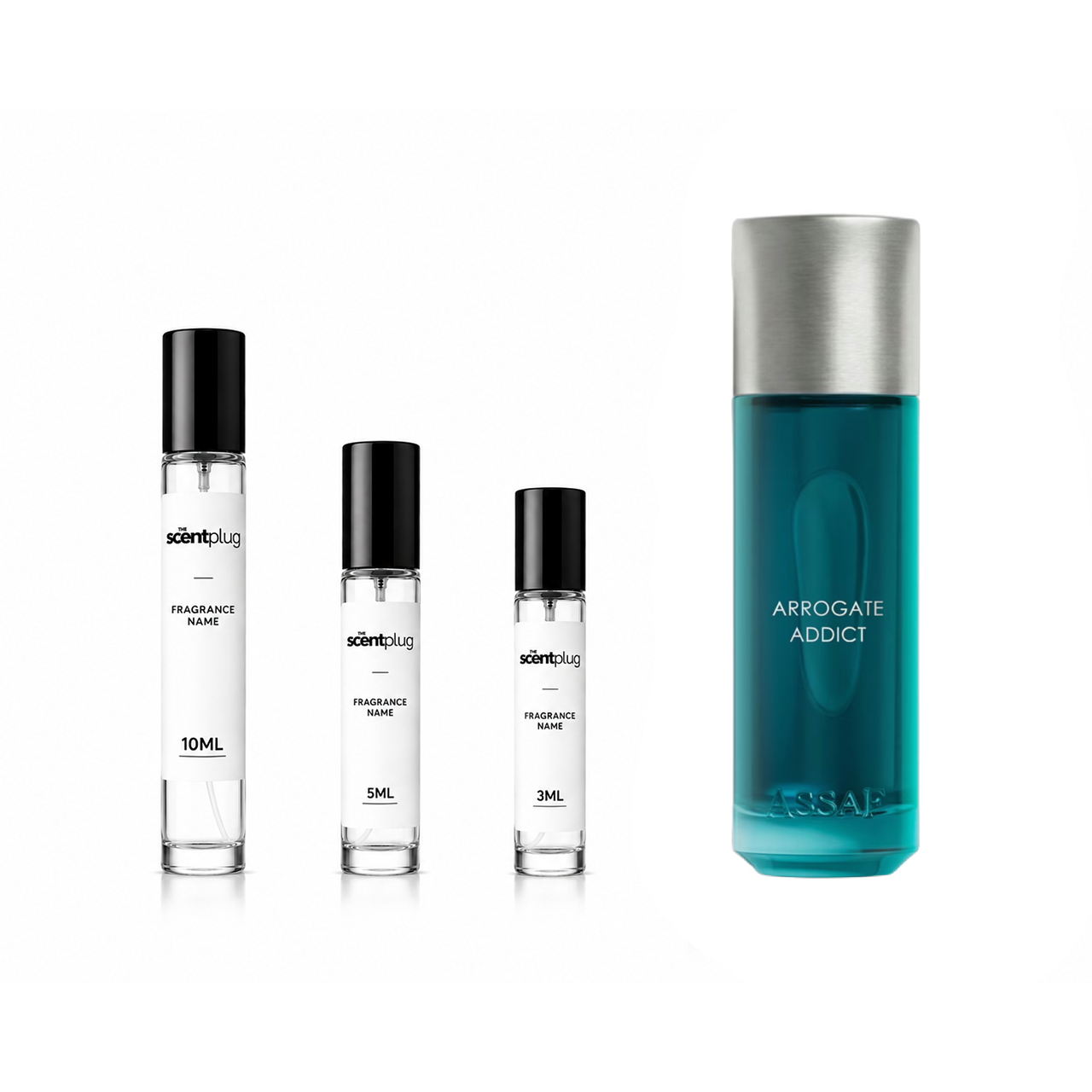 Arrogate Addict Assaf fragrance sample by The Scent Plug, featuring a sleek bottle with gold accents and elegant design.