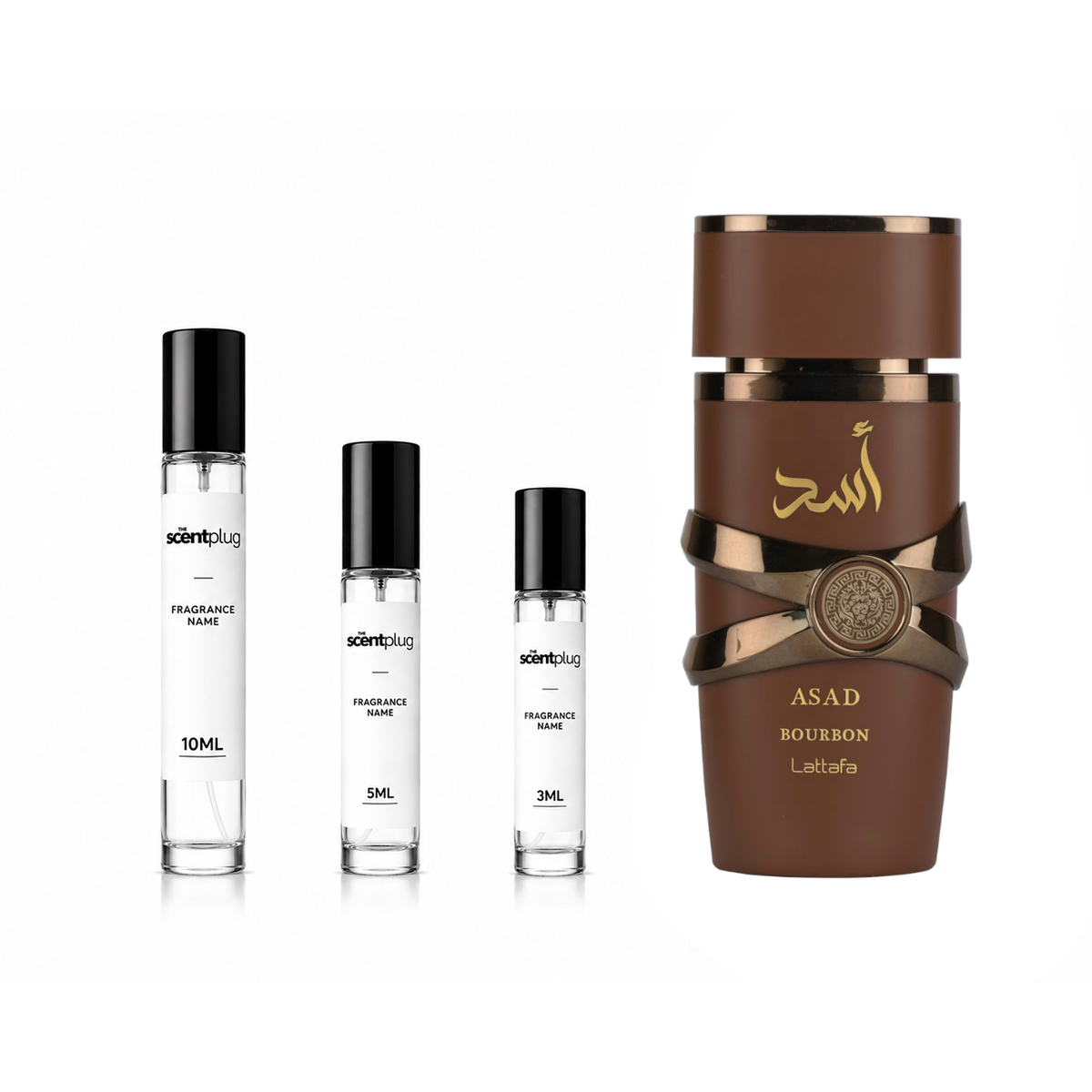 Decant image of Asad Bourbon Lattafa Perfumes by The Scent Plug, showing the small sample bottle with label and cap.