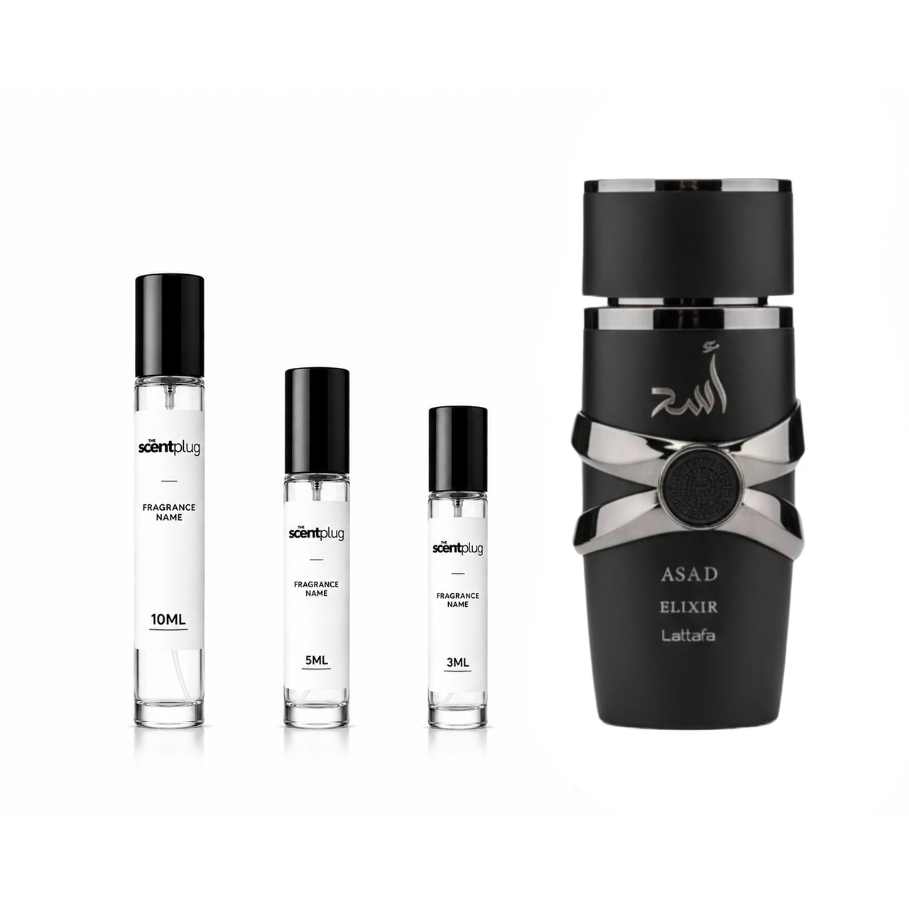 Sample of Asad Elixir Lattafa Perfumes decant from The Scent Plug, showing the small perfume vial and branding.