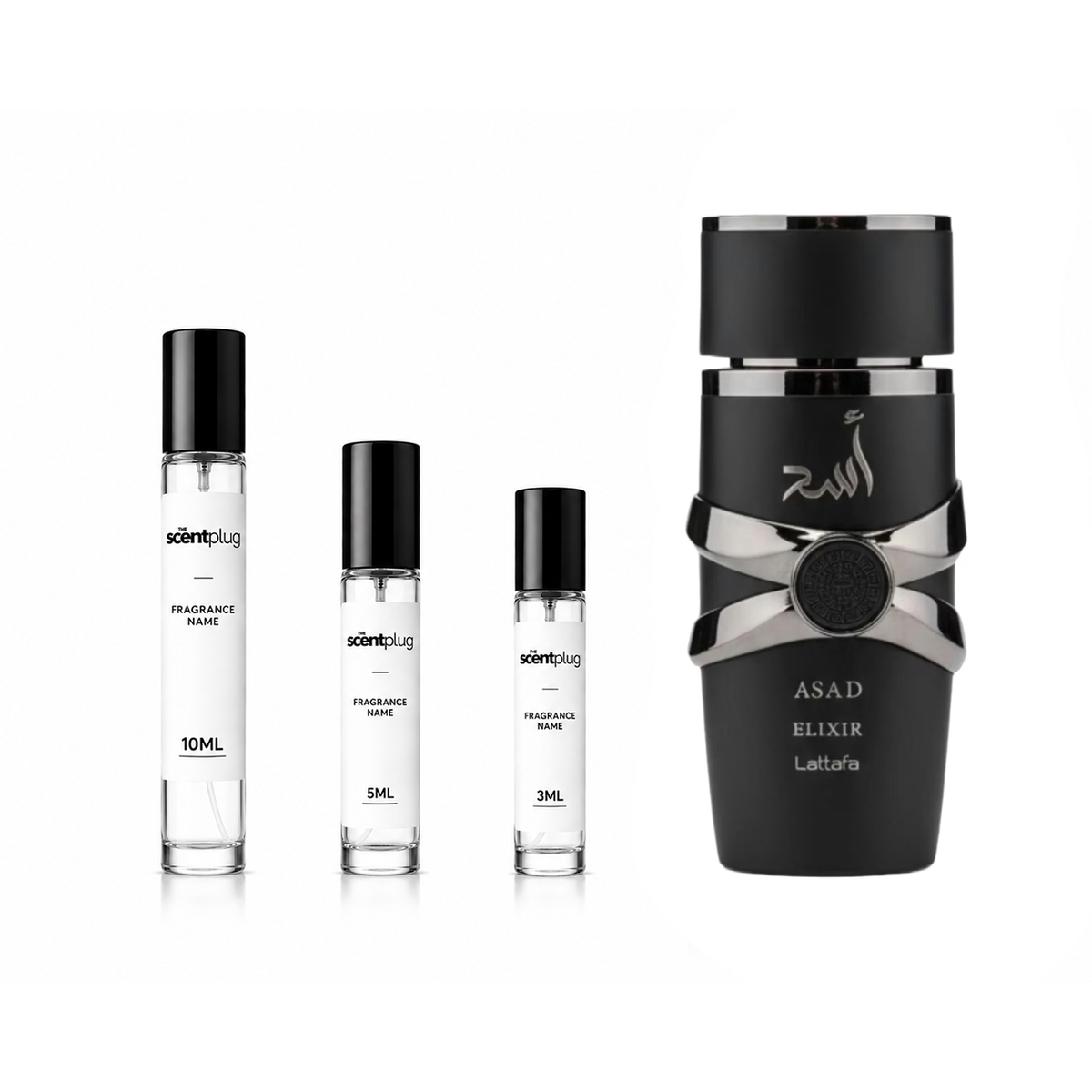 Sample of Asad Elixir Lattafa Perfumes decant from The Scent Plug, showing the small perfume vial and branding.