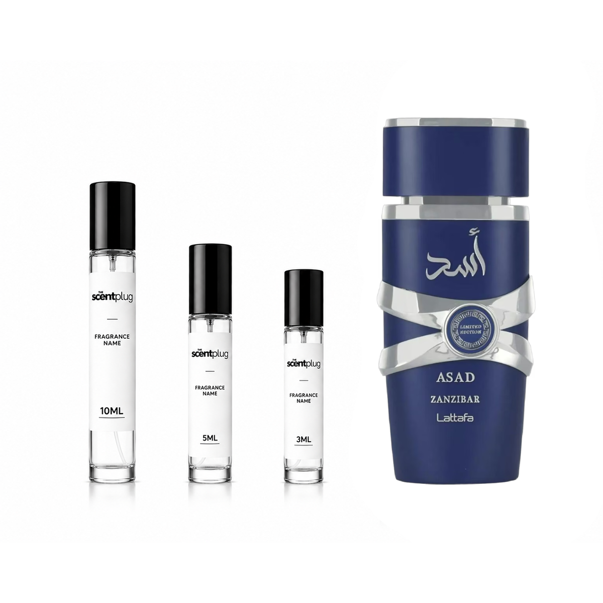 Asad Zanzibar Limited Edition Lattafa Perfumes decant sample from The Scent Plug, featuring a small perfume vial with ornate label.