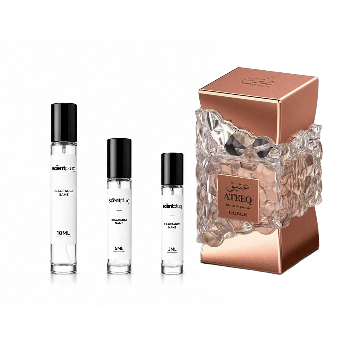 Ateeq Nusuk Decant sample bottle from The Scent Plug, featuring a sleek design and label with elegant branding.
