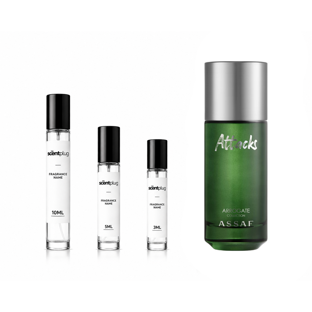 Attacks Assaf Decant by The Scent Plug showing a small sample bottle with the product label and branding.