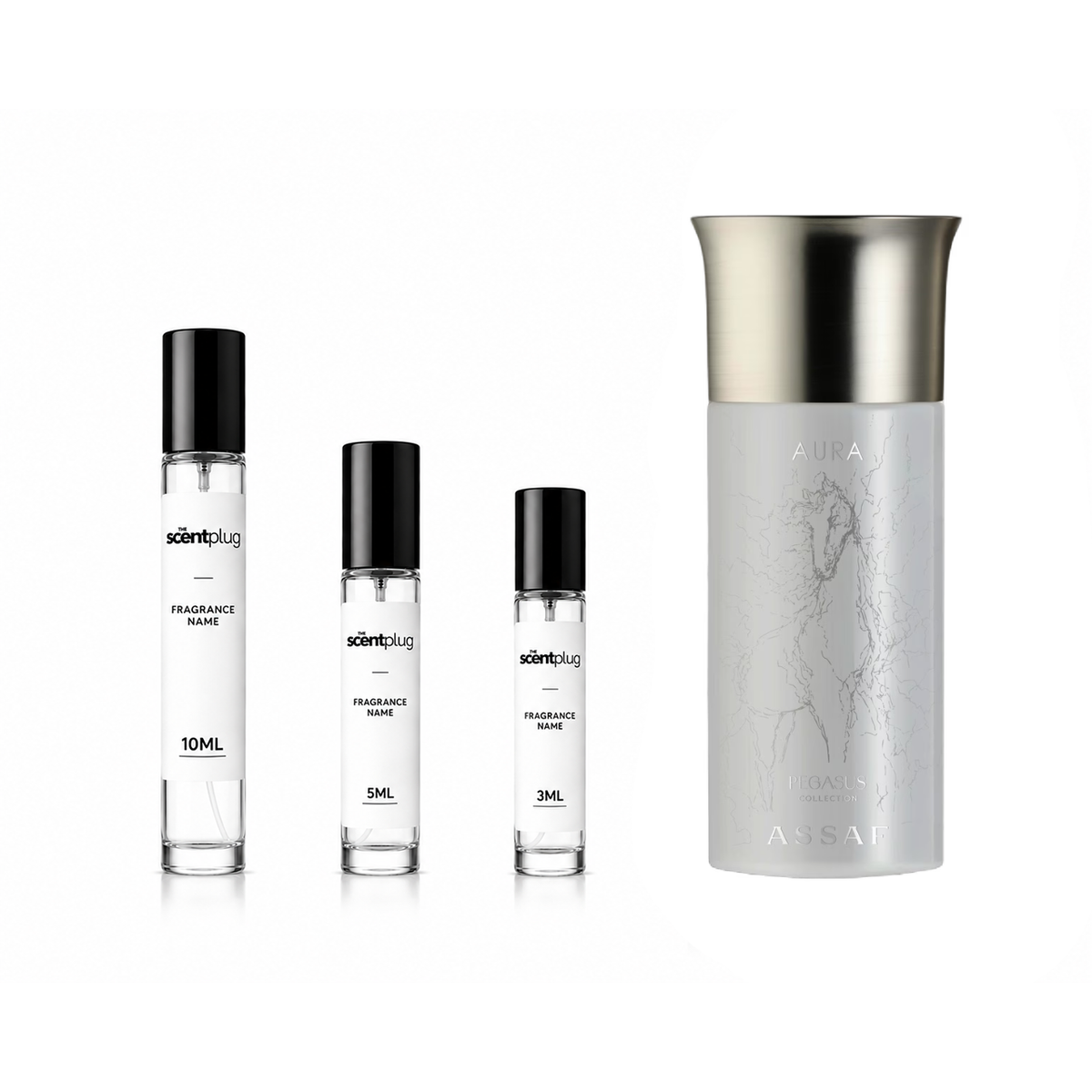 Aura Assaf decant sample from The Scent Plug, featuring a clear glass bottle with a minimalist design for fragrance sampling.