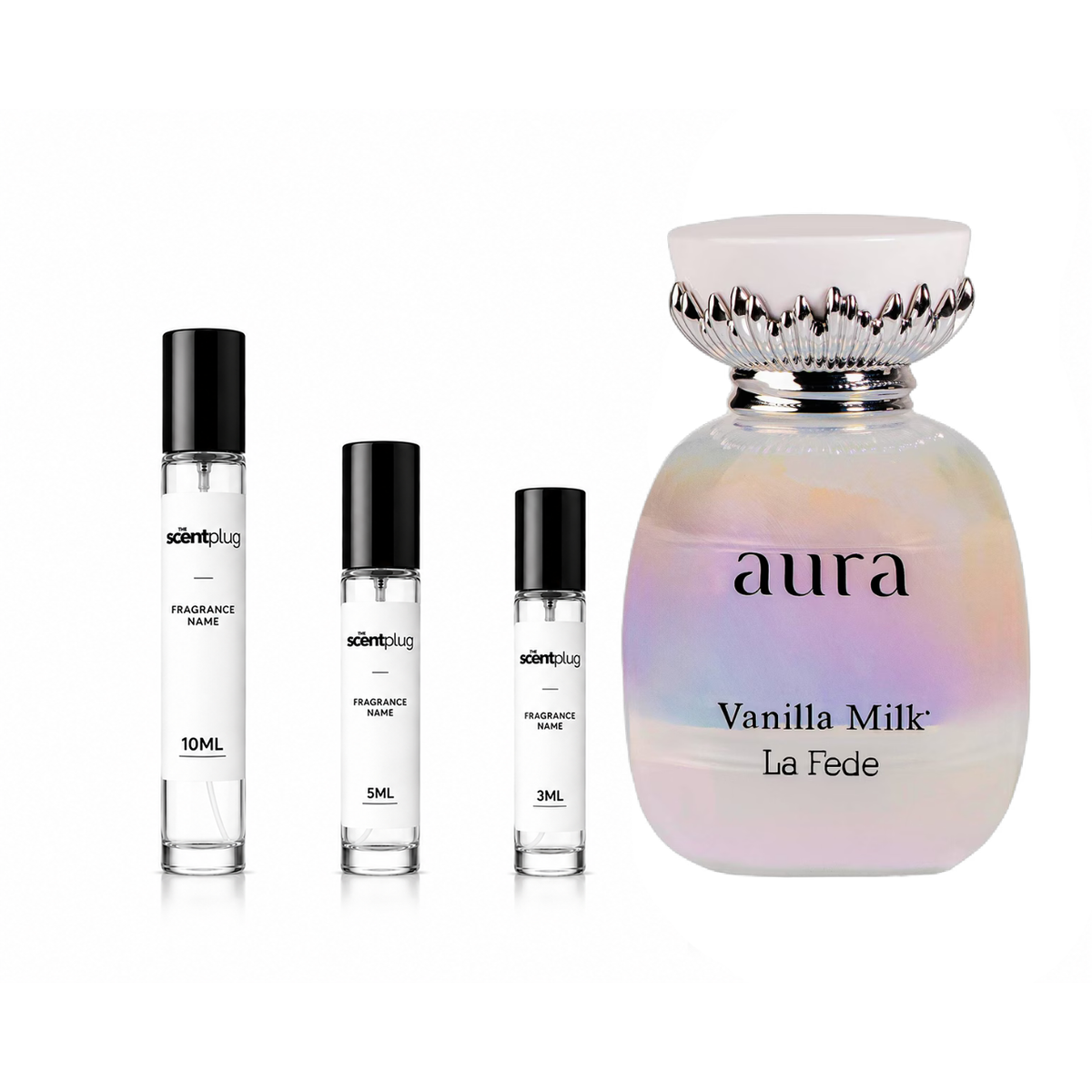 Aura Vanilla Milk La Fede decant sample by The Scent Plug, featuring a clear container with a white label and a screw cap.